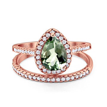 14K Rose Gold 1.62ct Pear 8mmx6mm G SI Natural Green Amethyst Diamond Bridal Engagement Wedding Ring Size 6.5